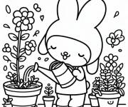 Coloriage My Melody arrose les fleurs