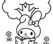 Coloriage My Melody avec un livre sous un arbre