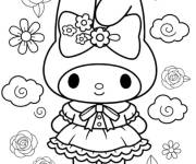 Coloriage My Melody et des belles fleurs