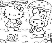 Coloriage My Melody et Hello Kitty sous la pluie
