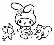 Coloriage My Melody et ses amis en cueillant des fleurs