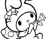 Coloriage My Melody jouant sur la tige de la fleur