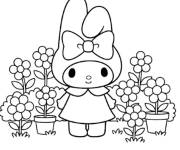 Coloriage My Melody parmi des pots de fleurs
