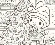 Coloriage Sc&egrave;ne My Melody d&eacute;core un sapin de No&euml;l