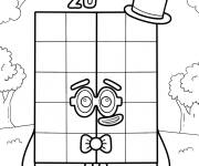 Coloriage Numberblocks 20 avec chapeau et n&oelig;ud