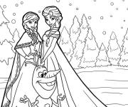 Coloriage Olaf avec Anna et Elsa