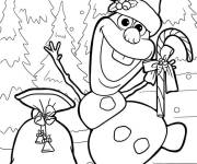 Coloriage Olaf portant un bonnet de Noel avec des cadeaux