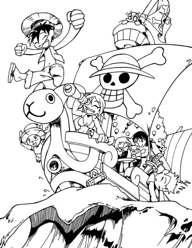Coloriage et dessins gratuits L'équipage One Piece sur bateau  à imprimer