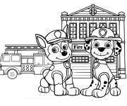 Coloriage Marcus et Chase super chiots devant leurs b&acirc;timents