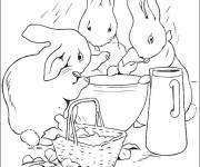 Coloriage Pierre lapin et sa famille &agrave; la cuisine