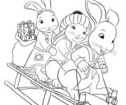 Coloriage Pierre lapin et sa famille s'amuse sur la neige