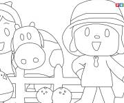 Coloriage Le fermier Pocoyo avec ses amis au travail