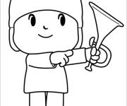 Coloriage Le musicien Pocoyo essaie la trompette