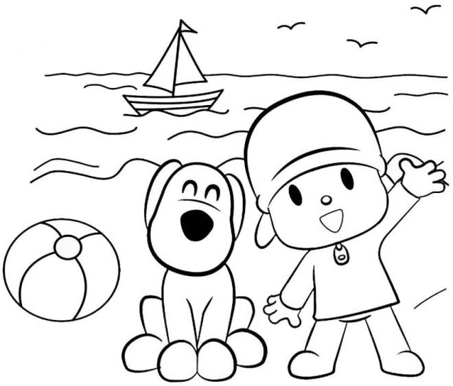 Coloriage Loula et Pocoyo sur la plage dessin gratuit à imprimer