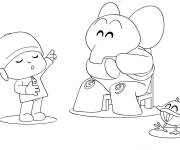 Coloriage Pocoyo, Elly et le petit oiseau aiment chanter