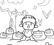Coloriage Pocoyo entre les citrouilles de Halloween