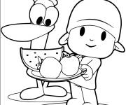 Coloriage Pocoyo et Pato tenant une assiette des fruits