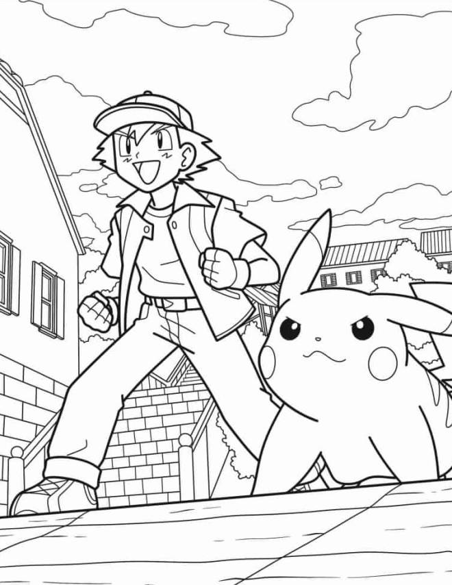 Coloriage et dessins gratuits Ash et Pikachu pendant le combat à imprimer