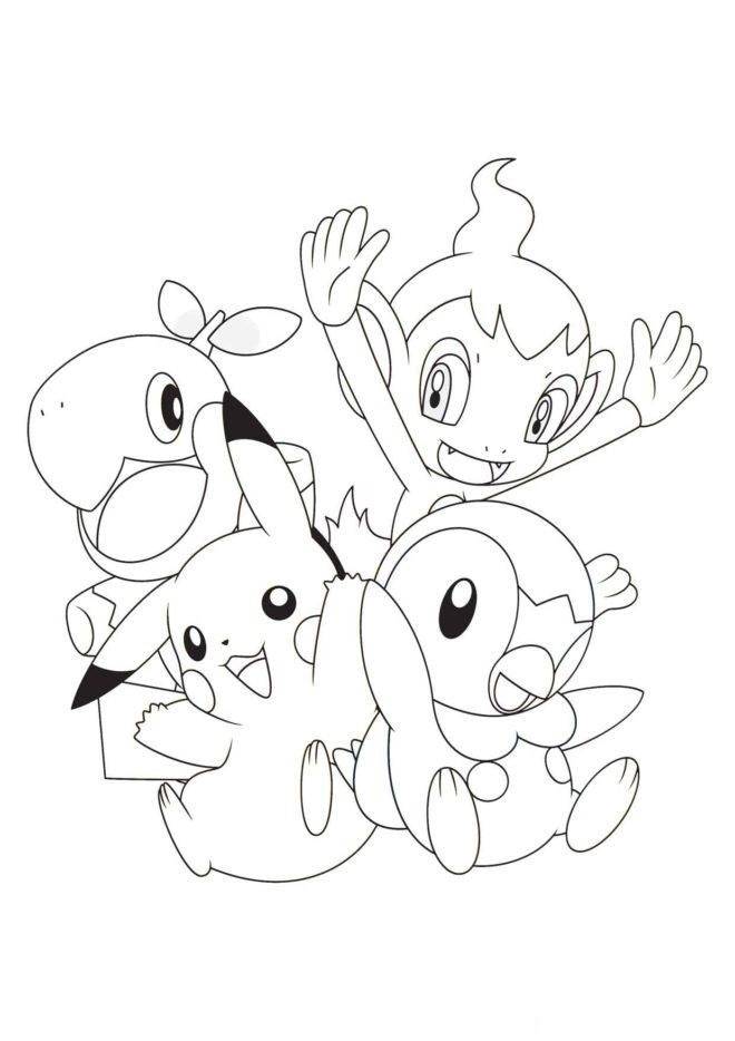 Coloriage et dessins gratuits Pikachu avec ses amis Ouisticram et Tiplouf à imprimer