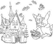 Coloriage Pikachu et la maison hantée de Halloween