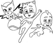 Coloriage L'&eacute;quipe de Pyjamasques en action pendant la nuit