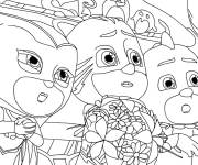 Coloriage Les h&eacute;ros de PJ Mask apportent un bouquet de fleur