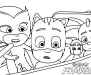 Coloriage Les personnages de Pyjamasques se baladent sur la voiture