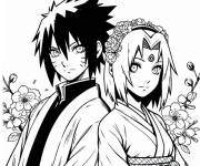 Coloriage Sakura et Sasuke d&eacute;cor&eacute;s avec des fleurs