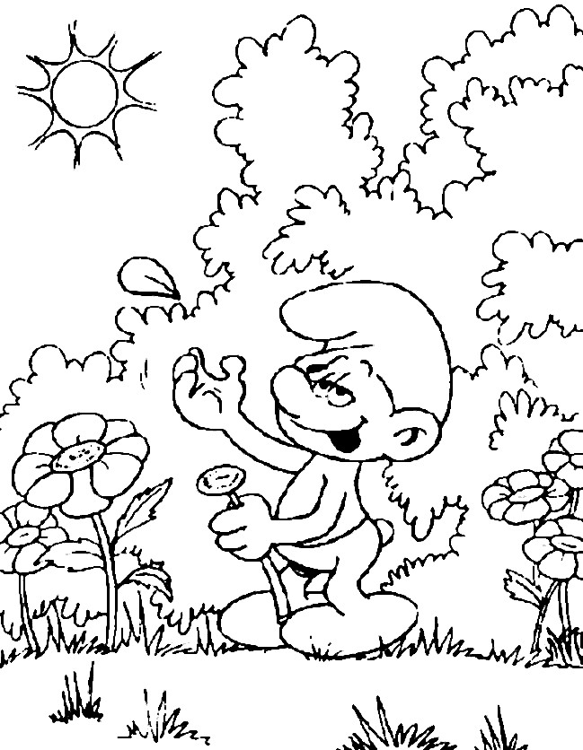 Coloriage et dessins gratuits Schtroumpf tient une fleur à imprimer