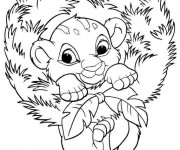 Coloriage Simba entour&eacute; des feuilles