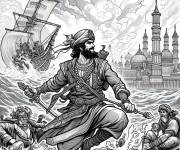 Coloriage Scene de combat maritime de Sinba
