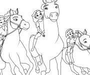Coloriage Les trois filles sur les spirit et les autres chevaux