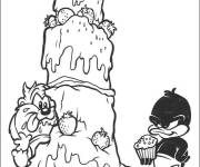 Coloriage Taz et Daffy prêt du gâteau d'anniversaire