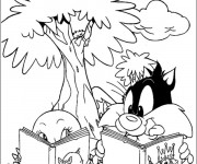 Coloriage Titi et Grosminet lisent chacun un livre