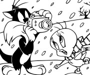 Coloriage Titi et Grosminet prend une photo