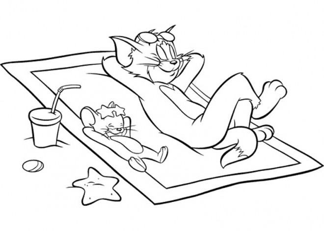 Coloriage et dessins gratuits Tom et Jerry à la plage à imprimer