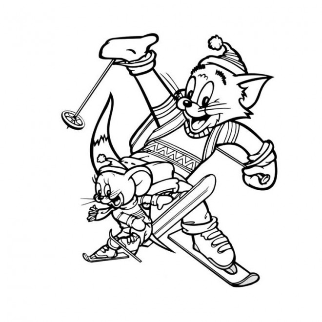 Coloriage Tom et Jerry entrain de skier dessin gratuit à imprimer