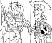Coloriage Buzz l'Éclair et Woody serrent les mains