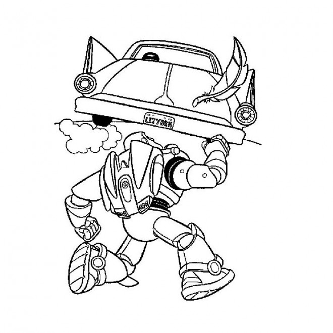 Coloriage et dessins gratuits Buzz l’Eclair lève une voiture à imprimer