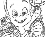 Coloriage Les toys Buzz l’Eclair et Woody dans les mains d'un enfant en lig