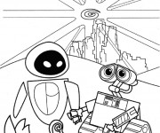 Coloriage Wall-E et Eve serrent les mains