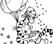 Coloriage Tigrou et Winnie ourson en volant &agrave; l'aide des ballons