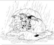 Coloriage Winnie avec ses amis sous la pluie