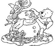 Coloriage Winnie et porcinet cr&eacute;ent un bonhomme de neige