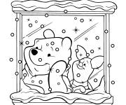 Coloriage Winnie et Porcinet regardent la neige depuis la fen&ecirc;tre