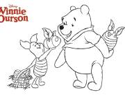 Coloriage Winnie ourson et Porcinet &eacute;changent les oeufs de P&acirc;ques