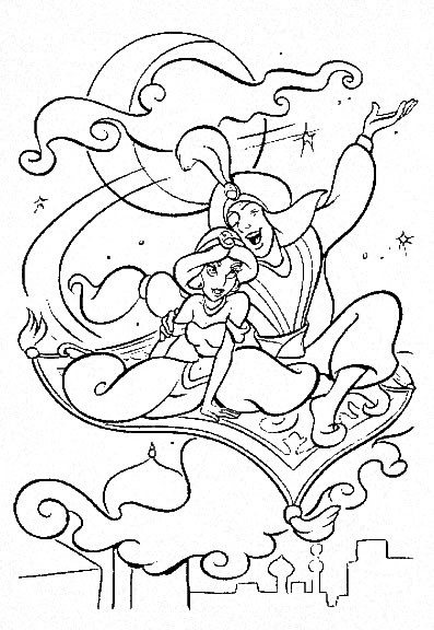 Coloriage et dessins gratuits Aladdin et Jasmine sur leur tapis à imprimer