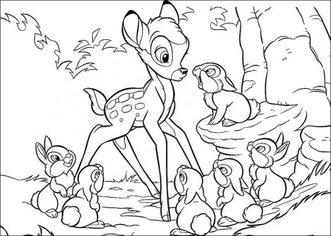 Coloriage Bambi Avec Les Petits Lapins Dessin Gratuit à Imprimer