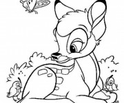 Coloriage Bambi entouré des oiseaux