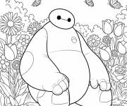 Coloriage Baymax dans le pr&eacute;s des fleurs avec les papillons